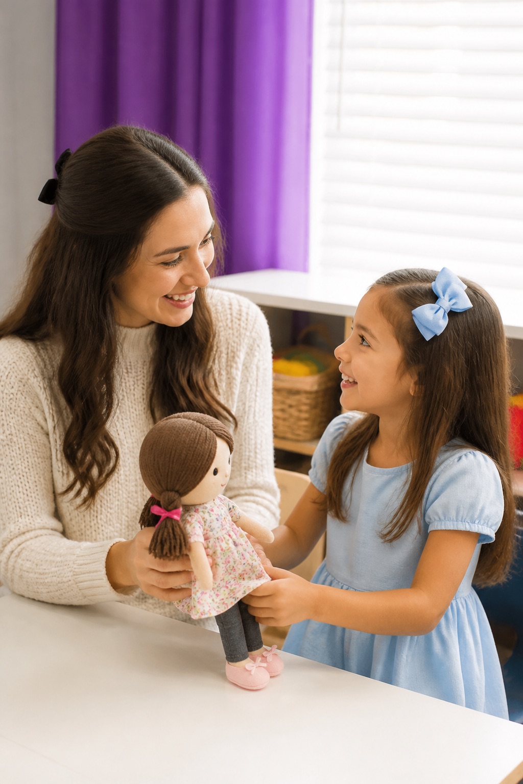 A teacher and a girl playing together in the kids room