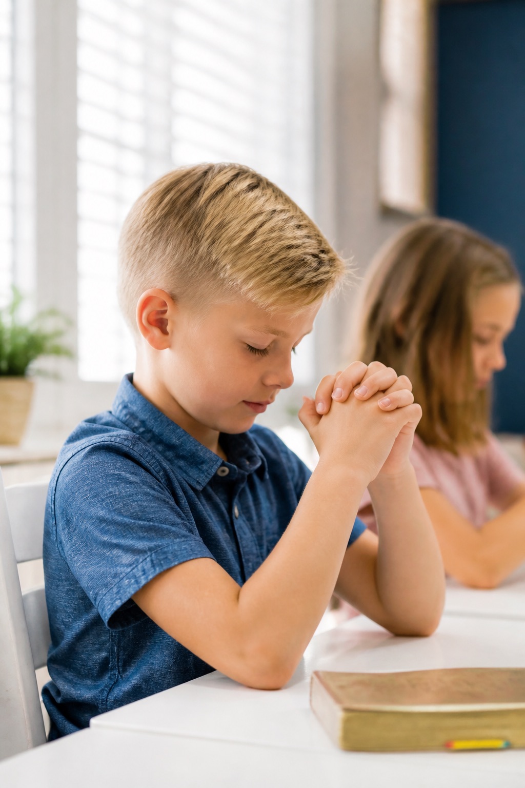 A boy praying with his hands folded