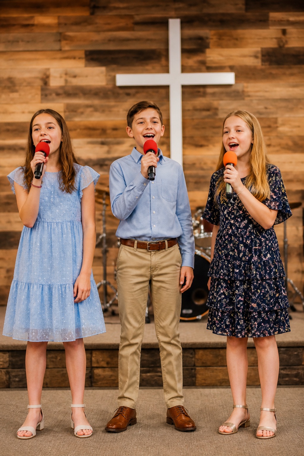 Children singing on stage during a Sunday service