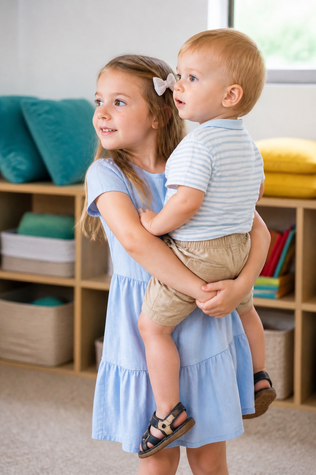 A girl carrying her little brother in the LFL Kids room