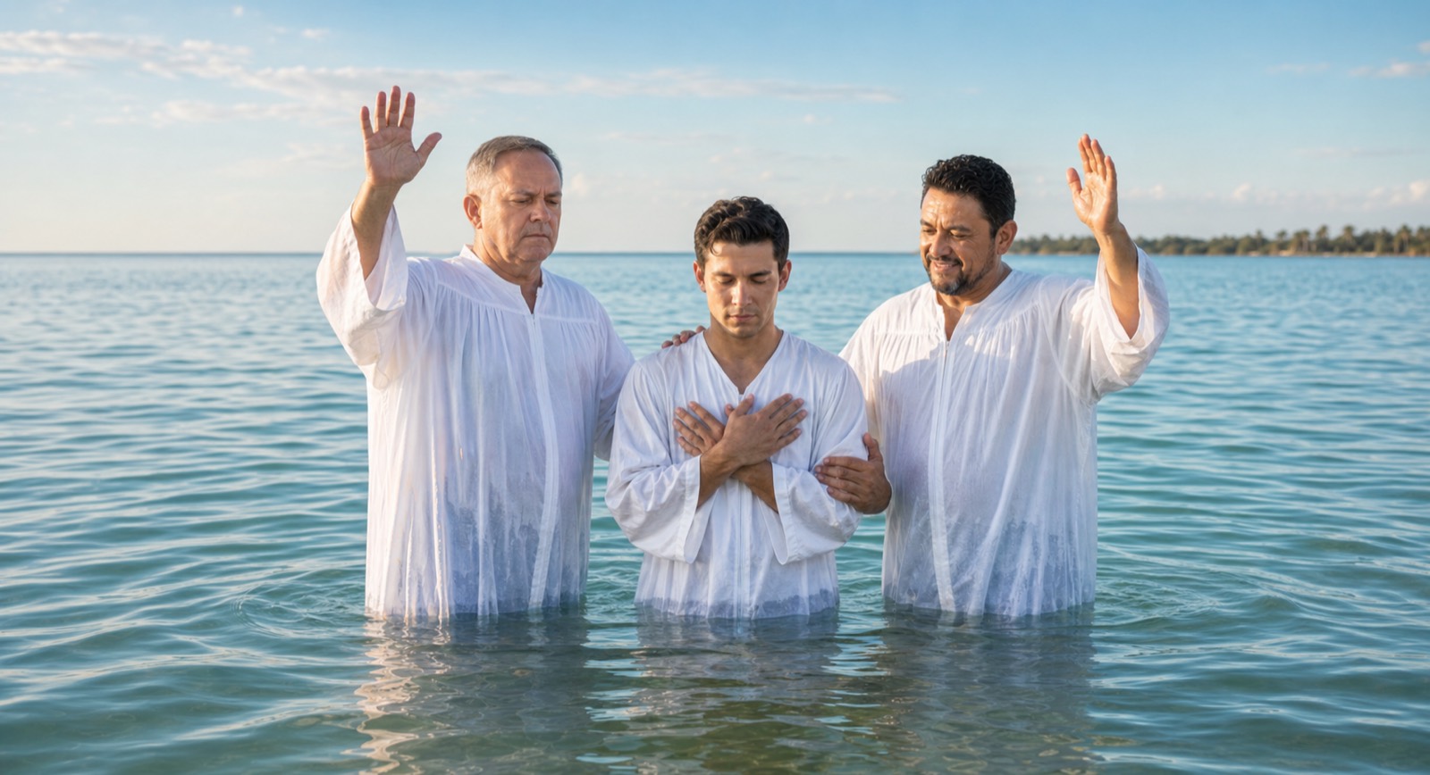 A baptism in the water at sunset