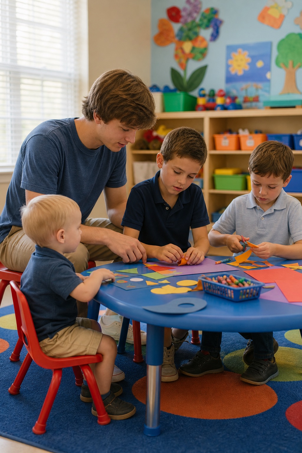 A volunteer with children at a craft table in the LFL Kids room